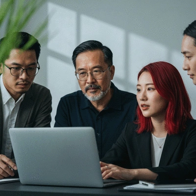 Experts collaborating on a laptop with aquatic plants in the background, discussing regulations, no text, no words, no typography, clean image