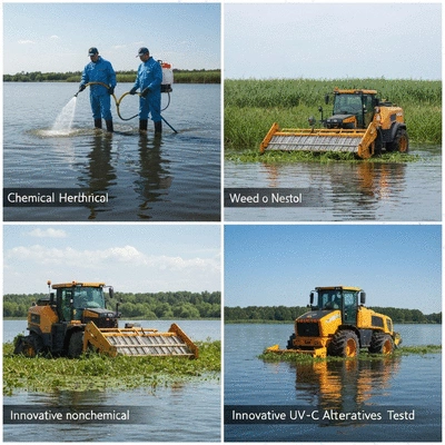 Aquatic weed control methods, showing chemical herbicides being applied to water, mechanical harvesting, and nonchemical alternatives like UV-C radiation