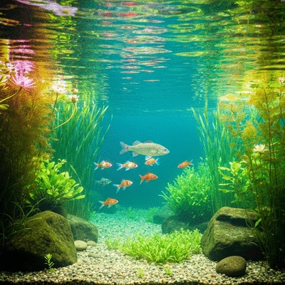 Healthy aquatic ecosystem with diverse native plants and fish, no text, no words, no typography, clean image