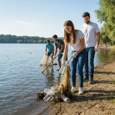Volunteers participating in a community clean-up event by a lake