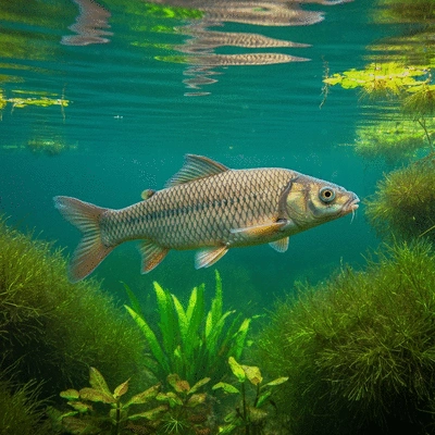 Close-up of grass carp swimming among aquatic plants, illustrating biological control