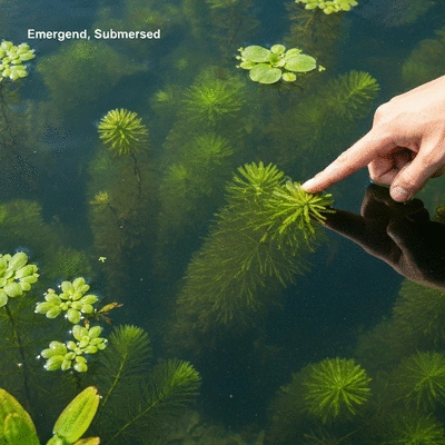 Close-up of various aquatic weeds in clear water, showing different growth habits (emergent, submersed, floating) and textures, with a hand pointing to one, no text, no words, no typography, clean image