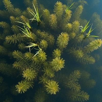 Close-up aerial view of a variety of emergent and submersed aquatic weeds in clear water, highlighting their different growth patterns, no text, no words, no typography, clean image