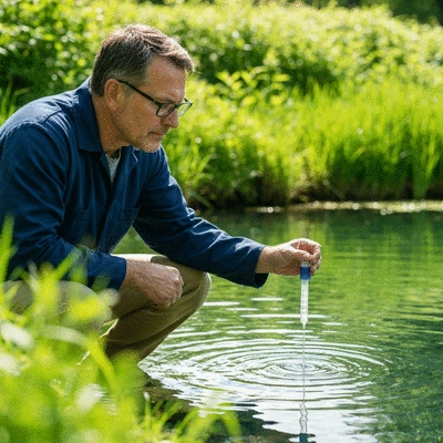 Person monitoring water quality in a serene aquatic environment