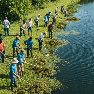 Group of people actively engaged in a community clean-up of a lake, using various tools for aquatic weed removal, sunny day, no text, no words, no typography, clean image