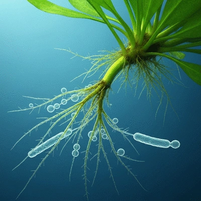 Microscopic view of beneficial microbes on aquatic plant roots