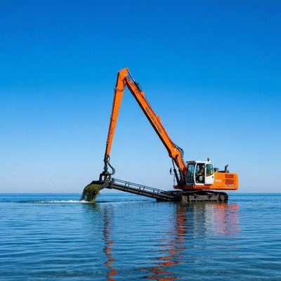 A large mechanical dredge removing aquatic weeds from a lake, with clear water and blue sky, no text, no words, no typography, no labels, clean image