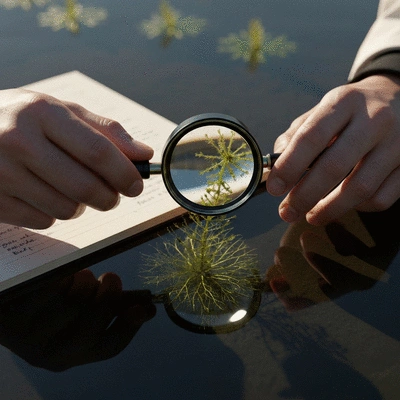 Close-up of an aquatic biologist's hands using a magnifying glass to examine an aquatic plant specimen, with field notes in the background