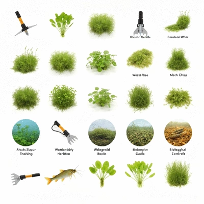 Variety of aquatic weed control methods, including manual removal tools, biological agents, and chemical applications, no text, no words, no typography, clean image