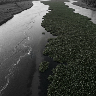 Aerial view of a lake or river with clear sections and sections heavily overgrown with dense mats of water hyacinth, illustrating the impact of climate change on aquatic weed proliferation, no text, no words, no typography, clean image