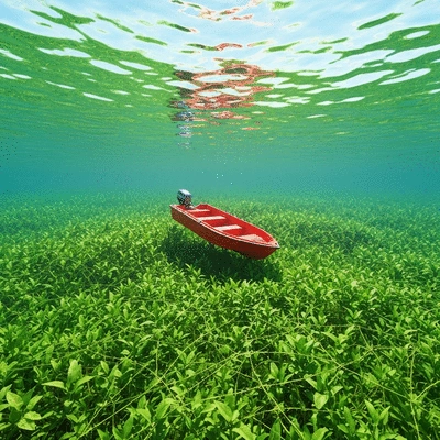 Dense aquatic weeds obstructing a small boat's path in clear water
