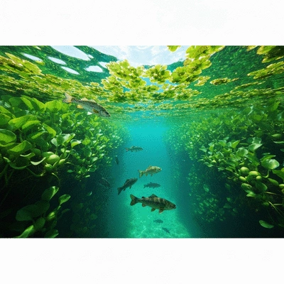Dense invasive aquatic weeds choking a clear freshwater lake, with native fish struggling to swim
