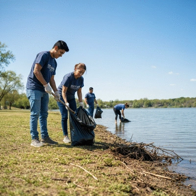 Community members participating in a lake clean-up event, showing teamwork and engagement, no text, no words, no typography, no labels, clean image