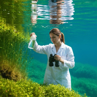 Person monitoring water quality and aquatic plants in a clear freshwater environment, illustrating ongoing monitoring and management, no text, no words, no typography, clean image