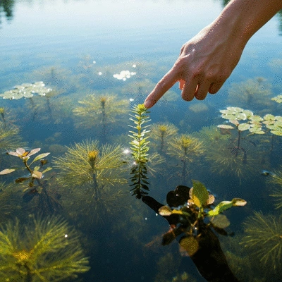 Diverse aquatic plants in a clear lake, with a hand pointing to one for identification