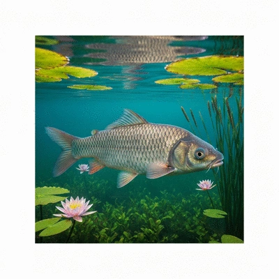 Triploid grass carp swimming in clear water among aquatic plants, illustrating biological weed control