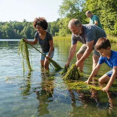 Community members working together to remove aquatic weeds from a lake, showing community involvement in management