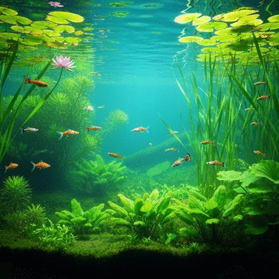 Healthy aquatic ecosystem with diverse plants and clear water, balanced