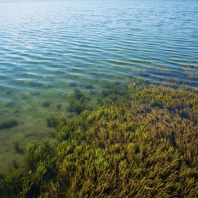 Clear lake being contrasted with a section of the lake overgrown with aquatic weeds