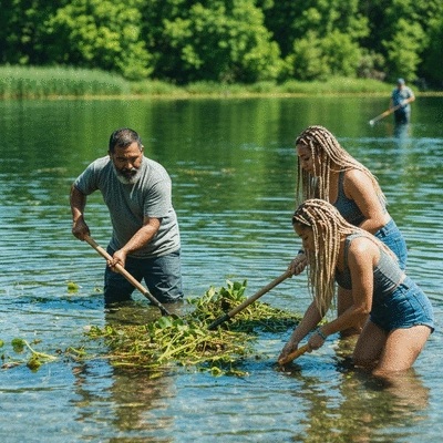 Community volunteers cleaning up a lake, removing invasive aquatic weeds