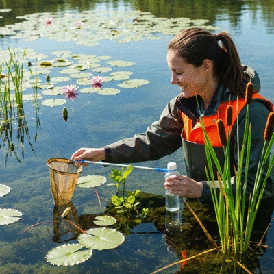 Ecologist taking water samples and observing plant growth in a healthy, clear aquatic ecosystem