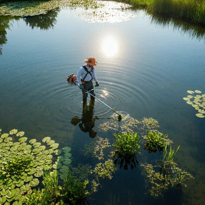 Person using aquatic weed cutter in a clear pond, surrounded by healthy aquatic plants, natural sunlight, no text, no words, no typography, clean image