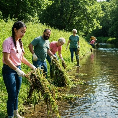 Community volunteers cleaning up a river, removing invasive weeds and debris