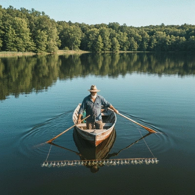 Overhead view of a serene lake with a small boat applying an aquatic weed treatment, no text, no words, no typography, clean image