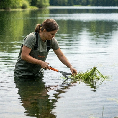 Professional using equipment to manage aquatic plants in a serene lake, focus on sustainable practices