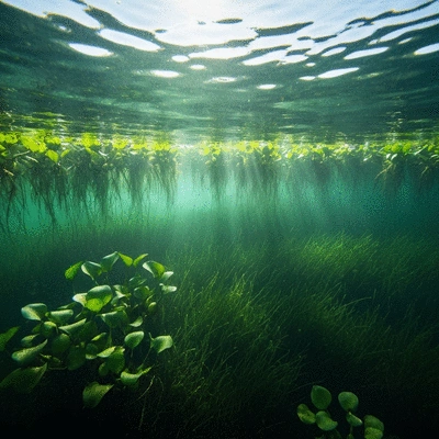 Dense underwater hydrilla and water hyacinth choking a clear freshwater lake