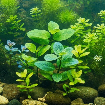 Closeup of various native aquatic plants with diverse leaf shapes and colors submerged in clear water, thriving in a balanced ecosystem, no text, no words, no typography, clean image