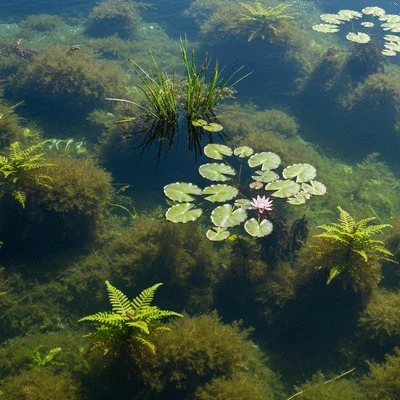 Close-up of a diverse aquatic ecosystem with native plants thriving and clear water, no text, no words, no typography, no labels, clean image