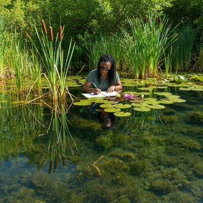 Ecologist studying aquatic plants in a clear pond, illustrating integrated aquatic weed management