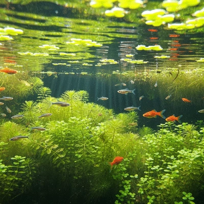 Vibrant, healthy aquatic ecosystem with clear water, diverse small pondweed growth, small fish swimming, and sunlight filtering through, no text, no words, no typography, clean image, 8K