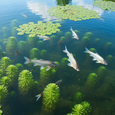 Grass carp swimming in a clear pond with aquatic plants, illustrating fish biocontrol agent for aquatic weeds, no text, no words, no typography, clean image