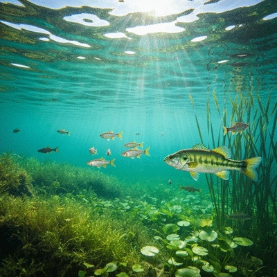 Underwater view of healthy lake with fish swimming near aquatic plants