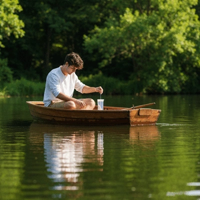 Person taking water samples from a lake for quality testing