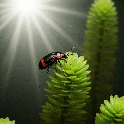 Close-up of a flea beetle on an aquatic plant, illustrating insect biocontrol agent for aquatic weeds, no text, no words, no typography, clean image