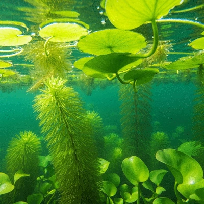 Close-up of various aquatic weeds like Hydrilla and Water Hyacinth in a clear pond