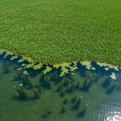Dense mats of Brazilian Waterweed covering a tranquil freshwater lake, blocking sunlight with native plants struggling beneath, clear water, sunny day, aerial view, no text, no words, no typography, 8K