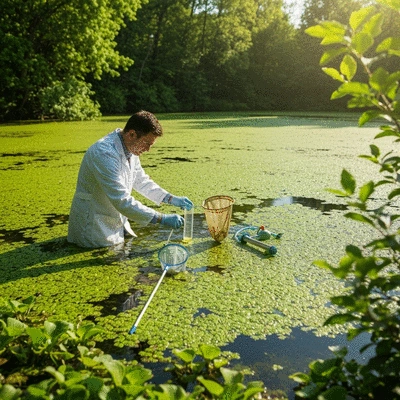 Scientist taking water samples from a lake heavily covered with invasive aquatic plants, showing scientific equipment and lush green foliage