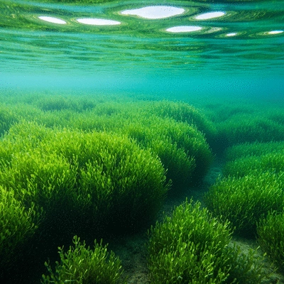 Underwater view of Brazilian Waterweed outcompeting native aquatic plants, showing dense growth and reduced light penetration, vibrant colors, clear water, no text, no words, no typography, 8K