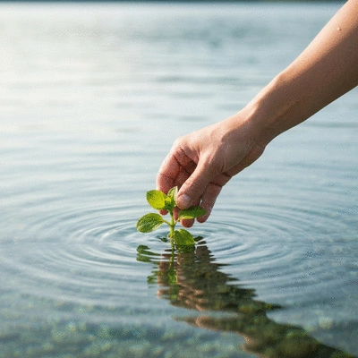 Hand gently placing a healthy plant into clean lake water, representing sustainable ecosystem management, no text, no words, no typography, clean image