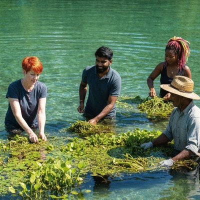 A diverse group of environmental scientists and local community members actively participating in an aquatic weed removal project, working together in a clear, healthy freshwater environment, no text, no words, no typography, 8K