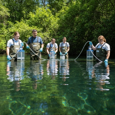 Scientific research team collecting water samples in a serene aquatic environment