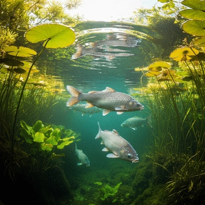 Grass carp swimming in a clear freshwater environment with aquatic plants, no text, no words, no typography, clean image