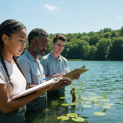 Community members monitoring aquatic weeds in a lake