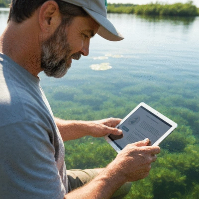 Person reviewing aquatic weed management regulations on a tablet in a natural setting, no text, no words, no typography, clean image
