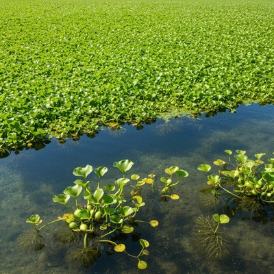 Dense mat of invasive aquatic plants covering a clear lake surface, with native plants struggling below, in natural sunlight