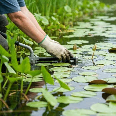 Hand adjusting water management equipment in a lake with native plants, no text, no words, no typography, 8K